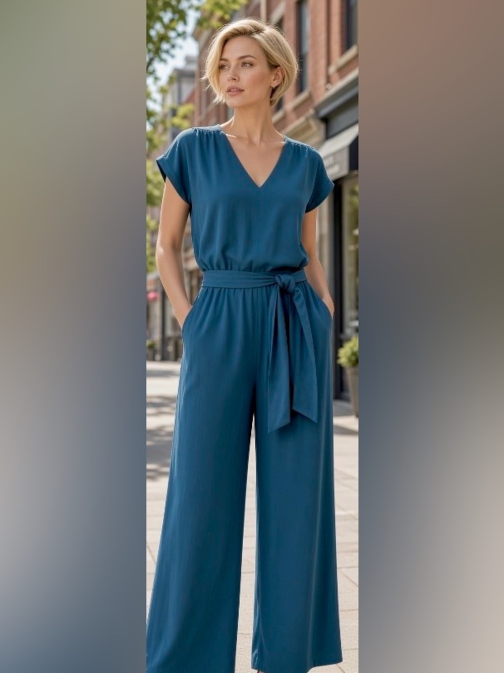 Lou & Grey from Loft Teal Cropped Wide-Leg Tie-Waist Jumpsuit: Medium